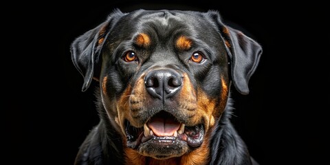 Large Rottweiler displaying aggressive behavior with a fierce expression on a black backdrop