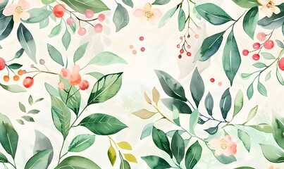 Watercolor Floral Seamless Pattern with Delicate Leaves and Berries, Generative AI