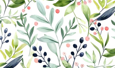 Watercolor Floral Seamless Pattern with Delicate Leaves and Berries, Generative AI