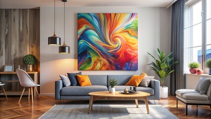 A close-up shot of a colorful abstract poster hanging on the wall of a modern living room