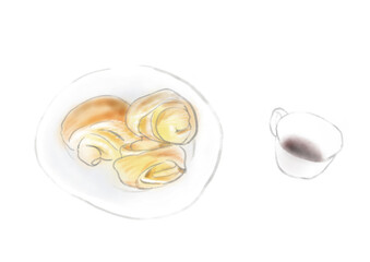 皿にのったシナモンロールとコーヒーの水彩風のイラスト