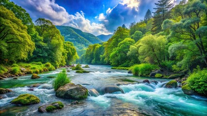 Vibrant river landscape with lush greenery and flowing water