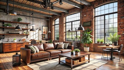 Industrial loft apartment interior with exposed brick walls and vintage furniture
