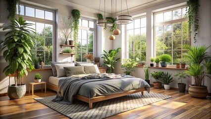 Cozy bedroom with bed, pillows, plants, and spacious window
