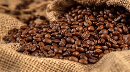 Fototapeta premium Coffee beans overflowing from a sack made of burlap Zoomed in