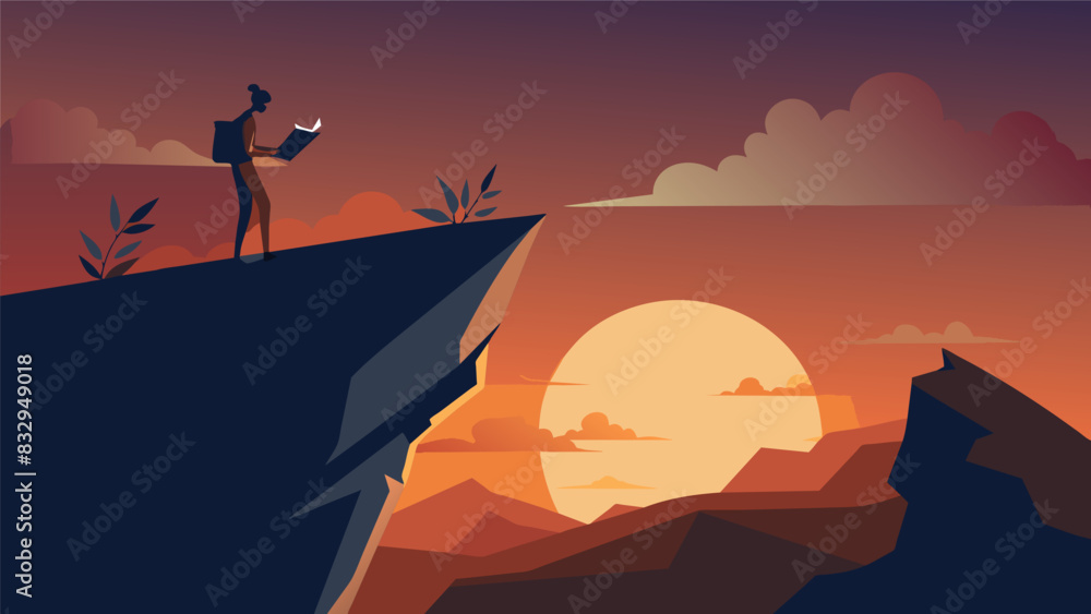 Poster the dark silhouette of a person on the edge of a cliff the last rays of the sun painting the sky beh