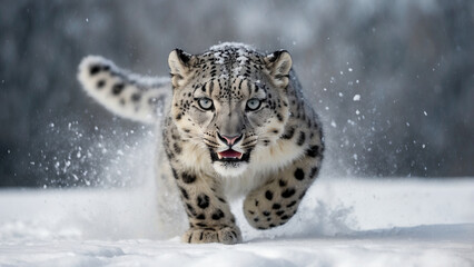 Fototapeta premium With its steady gaze and exquisitely mottled fur, the snow leopard is a mythical creature. This feline is endangered