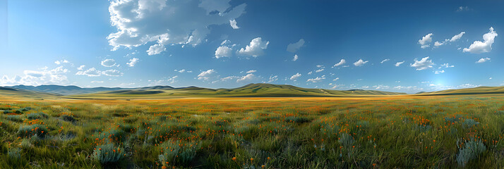 A panoramic view of a nature steppe, the vast expanse of grasses and rolling hills creating a serene atmosphere