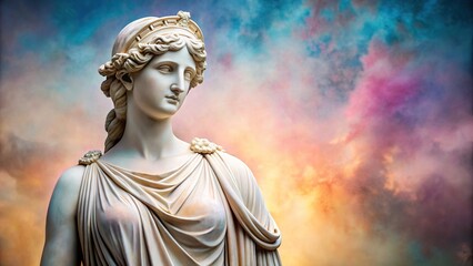 Ancient Greek antique sculpture of a pastel-colored goddess on a background