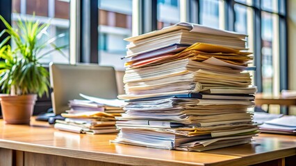 Stack of paperwork waiting to be completed in professional office environment