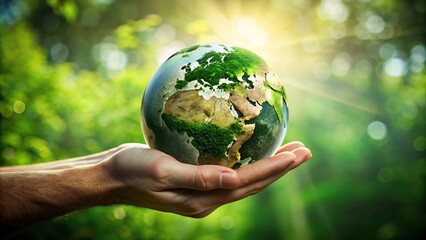 Hand holding realistic green earth globe