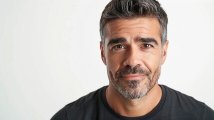 Obraz premium Closeup portrait of bearded man in black tshirt looking directly at camera, showcasing casual fashion style icon