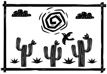 Semi-arid scenario. a sunny day with cacti and bird. vector in woodcut style
