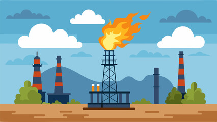Naklejka premium The sound of roaring flames fills the air as plumes of smoke rise from the tall stack marking the gas flaring operation at the oil site.. Vector illustration