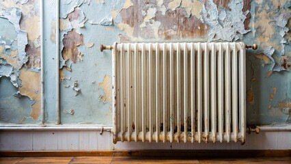 A close-up of a radiator next to a wall with peeling paint in an interior setting