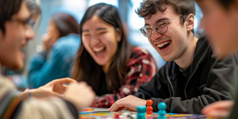 A close-up of students playing board games in a common area, laughing and enjoying each other's company