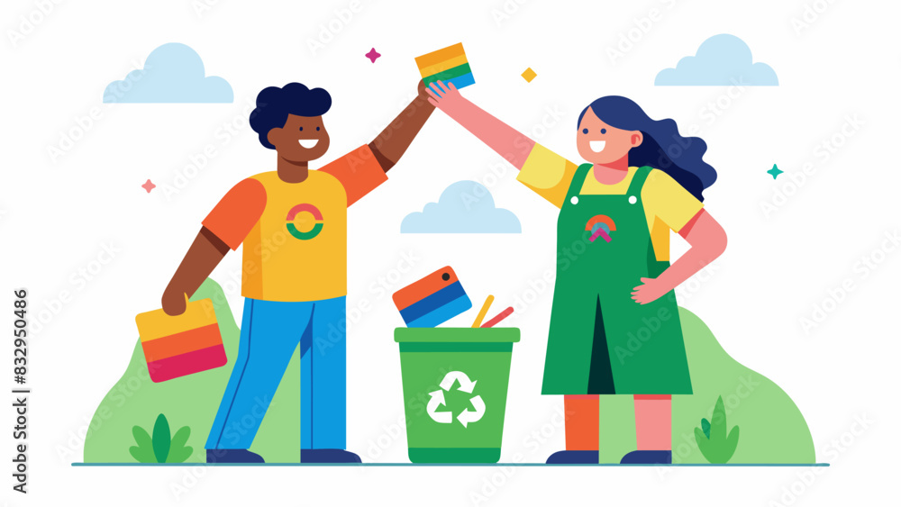 Poster Two neighbors high five proud of themselves for finding creative ways to recycle and repurpose materials found during the cleanup.. Vector illustration