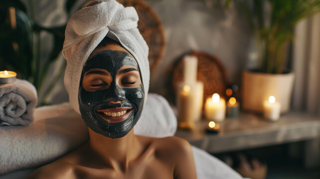 Happy woman enjoying a spa treatment with charcoal face mask and candles