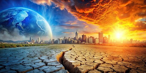 A cracked Earth hovers above a city split by fiery orange and cool blue skies, representing the dire effects of climate change on our planets future
