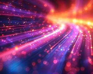 Obraz premium Vibrant neon light trails and glowing particles create a dynamic, colorful abstract background perfect for technology and futuristic themes.