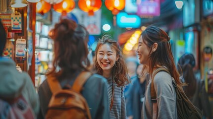 Obraz premium Friends laughing in a bustling street market, reflections on shop windows