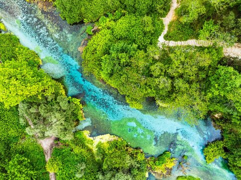 Top Down over The Blue Eye from a drone, Muzine, Finiq, Albania, Europe