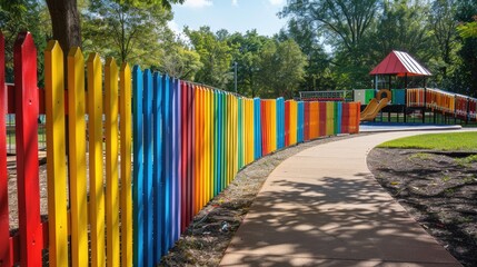 A multi hued fence encloses the children s play area