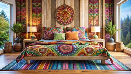 Hippie Boho style double bed with colorful cushions