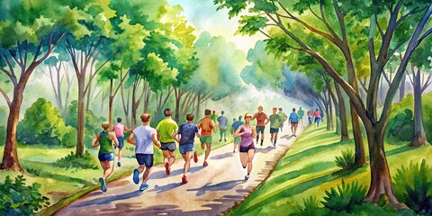Watercolor of a scenic marathon route with running trails amidst lush greenery - Powered by Adobe