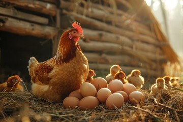 A hen lays eggs at a chicken coop.
