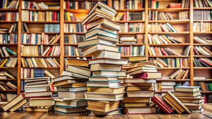 A stock photo of a pile of books in a library, symbolizing overwhelm and stress