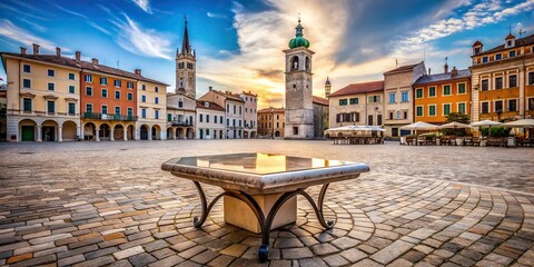 Stunning stone table in front of a vibrant historical town square backdrop