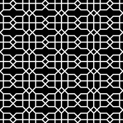 Black-and-white seamless geometric pattern with Arabesque lines. Versatile design for various creative projects, suitable for decoration, fabrics, textiles, backdrops, wallpapers, etc.