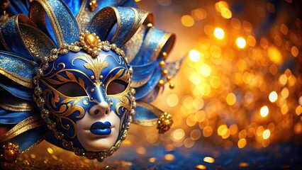 Luxury blue and golden carnival mask with abstract blurred golden background