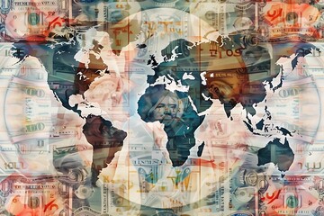 A digital collage of world currencies merging into a unified global currency