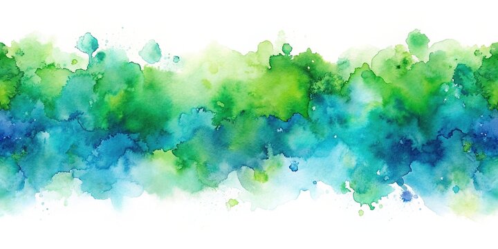 Abstract artistic pattern of green and blue watercolors on a white border