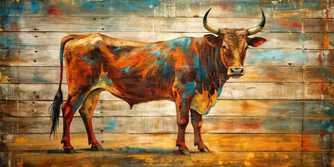 Rustic cattle silhouette with oil brush stroke texture painting on canvas