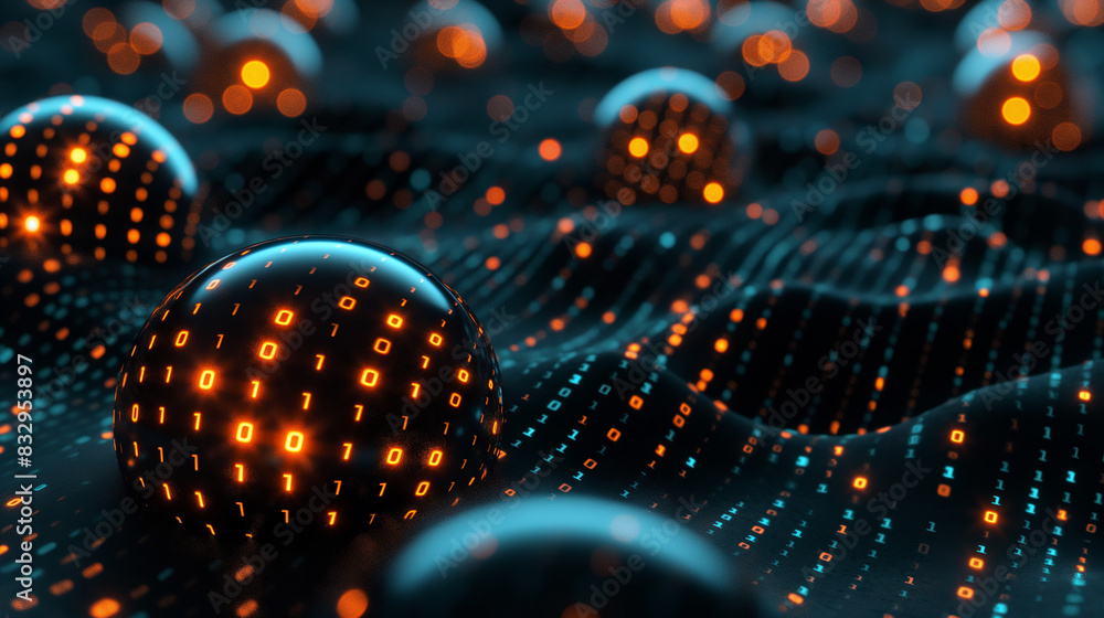 Poster futuristic technology background with glowing binary codes on black spheres, cyber tech wallpaper