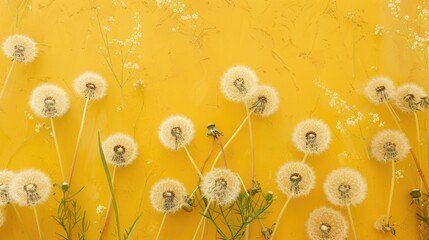 Dandelions are repeated against a yellow backdrop