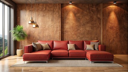 Red modular corner sofa against blank brown stucco wall with copy space in modern loft interior design