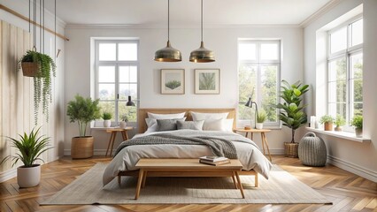 Scandinavian interior design with minimalist decor in a modern bedroom