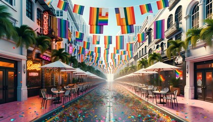 Obraz premium Colorful Pride Celebration in Urban Street with Rainbow Flags and Confetti