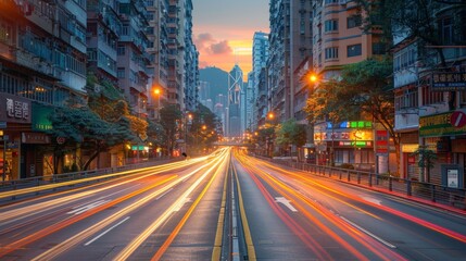 A bustling city street at dusk with light trails from vehicles, surrounded by tall buildings and...