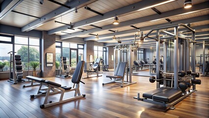 Empty gym with modern equipment, weights, and exercise machines