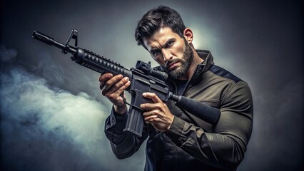 Man with heavy gun weapon isolated on background cut out