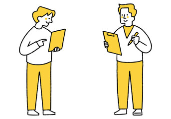 A person with a tablet and a person with a binder