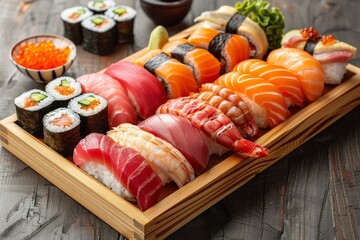 Assorted Sushi Platter on Wooden Tray