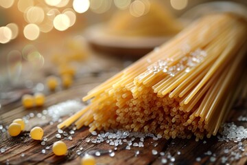 A close-up image of uncooked spaghetti noodles with sea salt on a rustic wooden surface, in the background blurred golden bokeh lights - Powered by Adobe