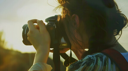 Girl celebrates World Photography Day by taking a professional photo with a camera, showcasing her passion and skill in photography.