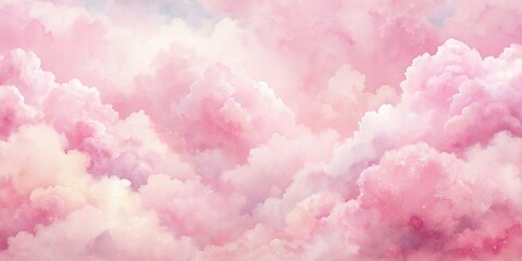 Watercolor pink background with fluffy clouds